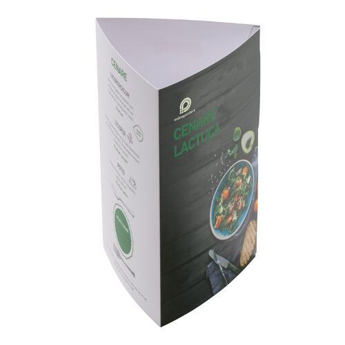 Papier-Aufsteller in Prismaform, kleine Ausführung.