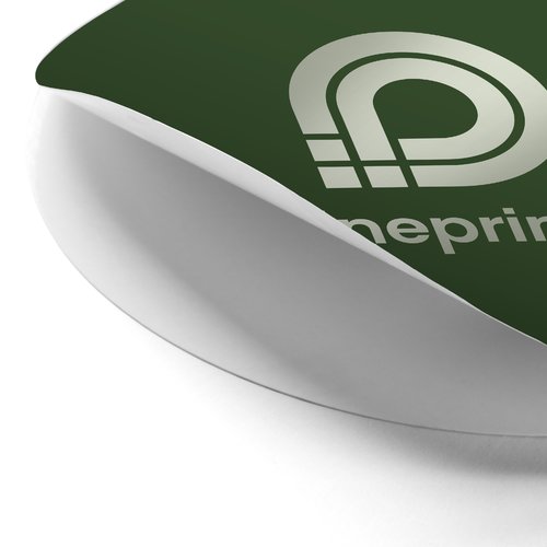 Round promotional sticker with a removable backing.