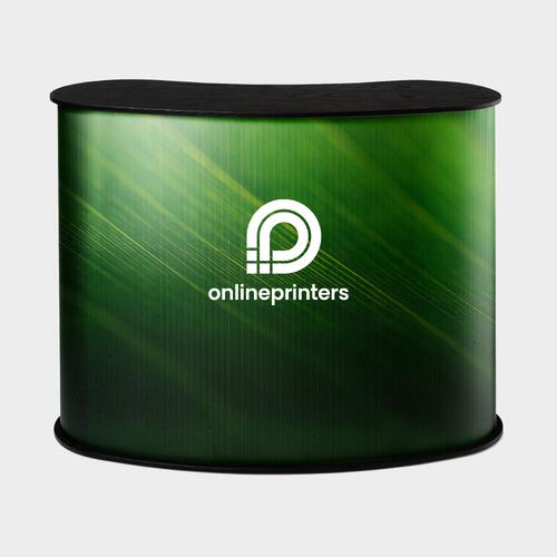Counter table for product presentation with rounded corners.