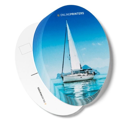 Paper postcards with an oval shape.
