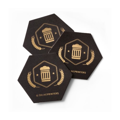 Beer mats with hot foil stamping, hexagon, 10 x 8.7 cm, 4/0 1