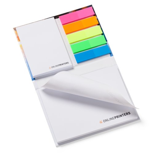 Sticky note set with notepad and colorful sticky strips.