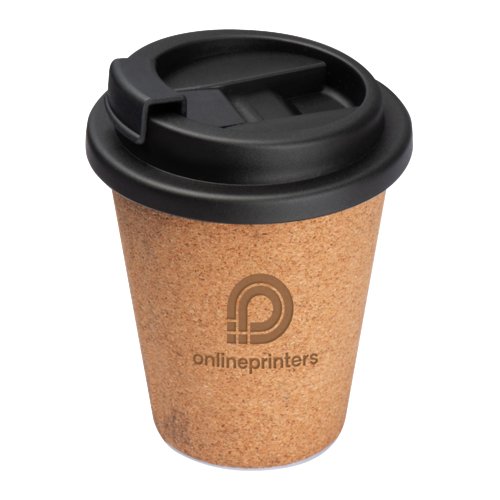 Cork drinking cup with black lid.