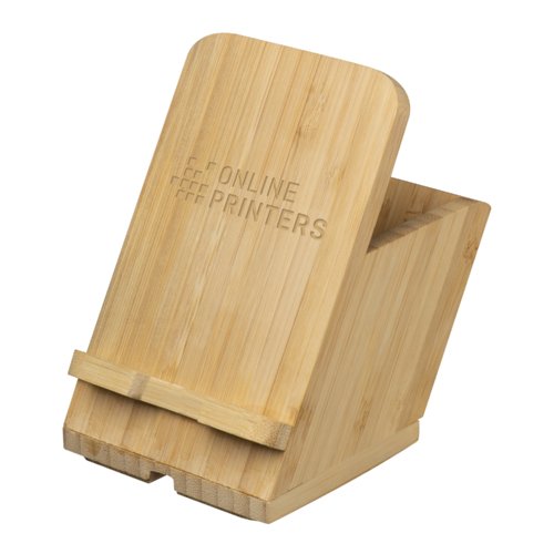 Light bamboo pen holder with tilted storage surface.