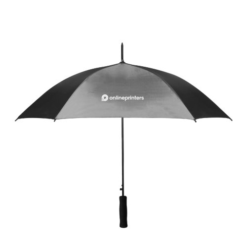 Gray automatic umbrella with curved handle.