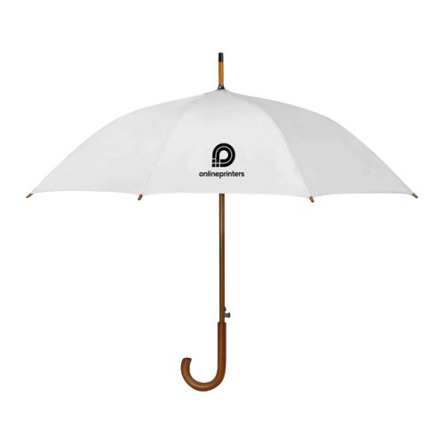 White automatic umbrella with wooden handle.