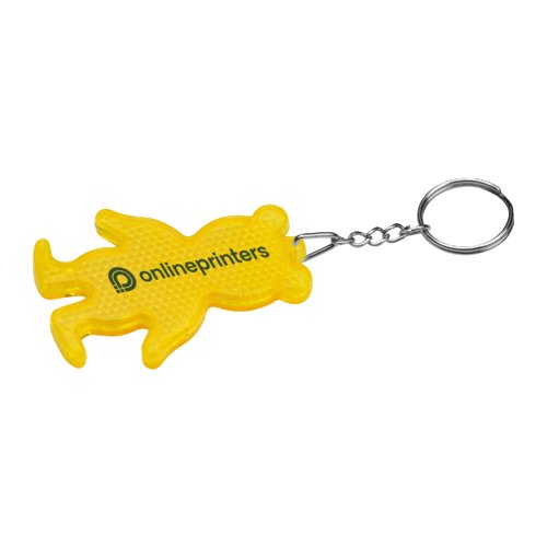 Yellow bear-shaped plastic keychain with metal ring.