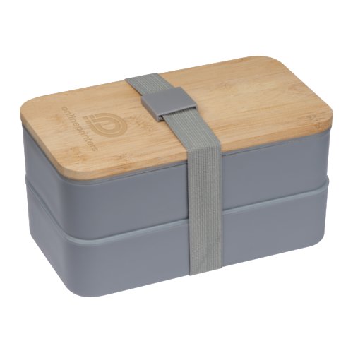 Gray lunchbox with bamboo lid and elastic band.