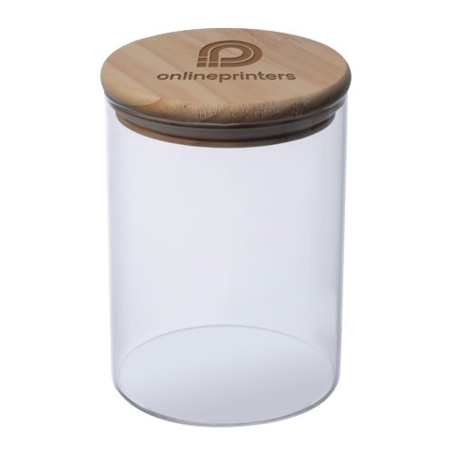 Transparent glass storage jar with wooden lid.