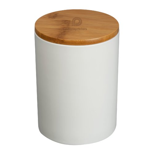 White storage can with bamboo lid.