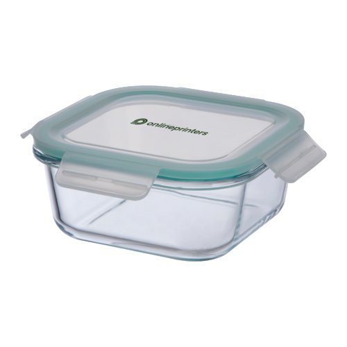 Clear glass food storage container with light blue lid.
