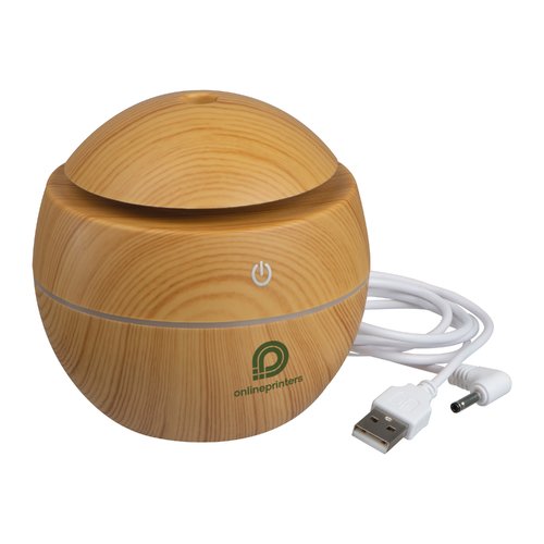Wood-colored, spherical humidifier with USB cable.