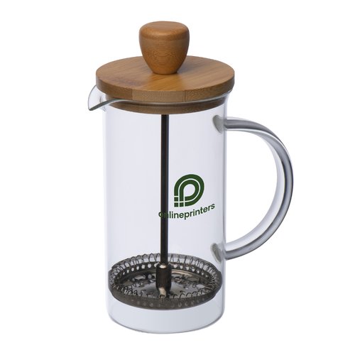 Glass French press with wooden lid and metal sieve.