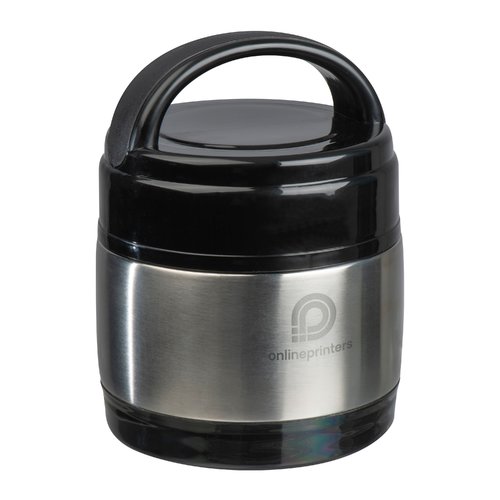 Black stainless steel lunch box with handle.