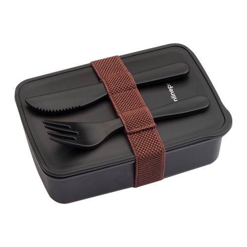 Black plastic lunchbox with elastic band and cutlery.