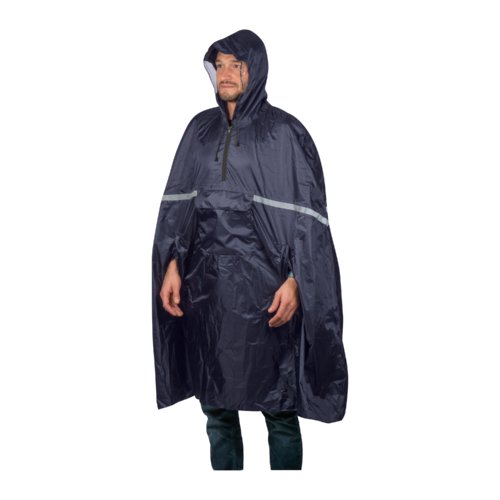 Dark blue plastic rain poncho with hood and reflective stripes.