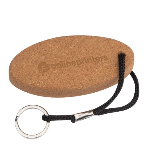 Brown cork keychain with cord and metal ring.