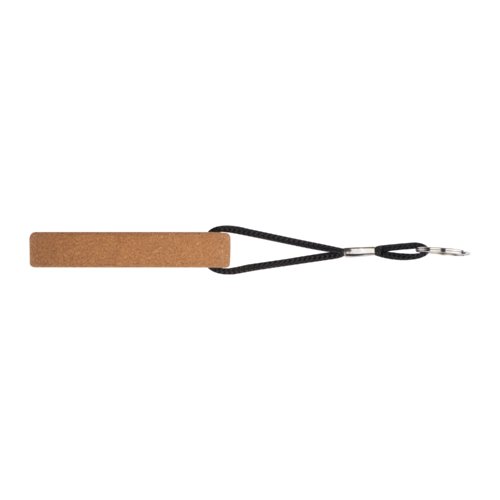 Beige cork keychain with cord and metal ring.