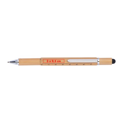 Wood-colored bamboo multifunctional pen with touch pen function and ruler.