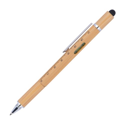 Wood-colored multifunctional pen with clip, touch function, ruler and level.