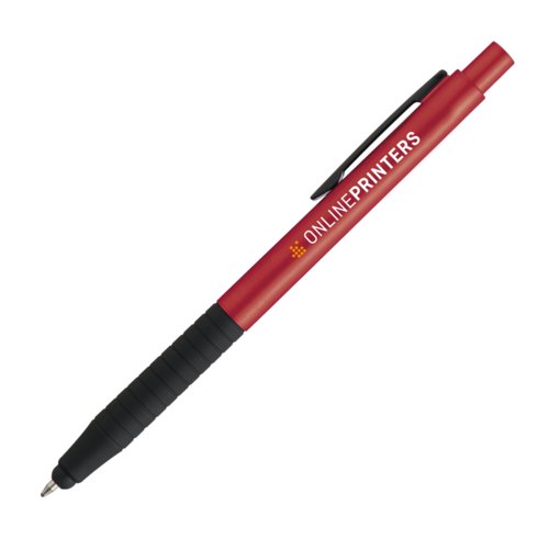 Red metal ballpoint pen with touch pen and clip.