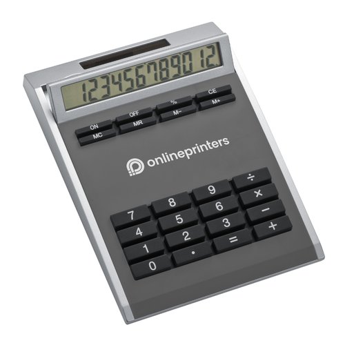 Gray calculator with solar panel and buttons.