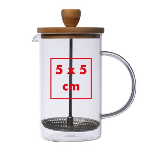 Clear glass French press with metal filter and wooden lid.