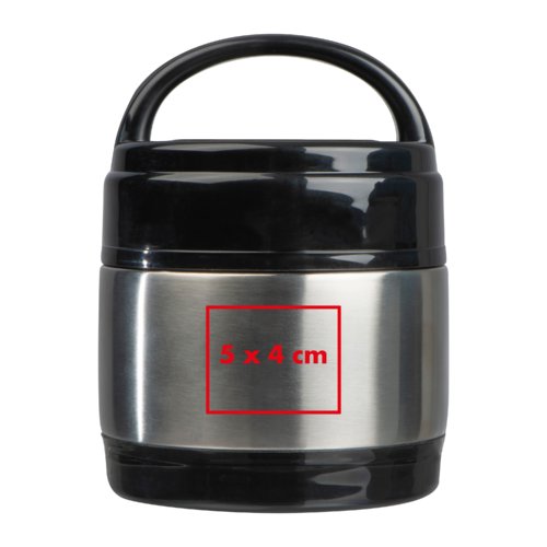 Black and silver stainless steel food container with handle.