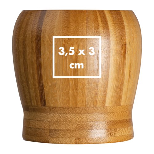 Light wooden mortar with a rounded shape.