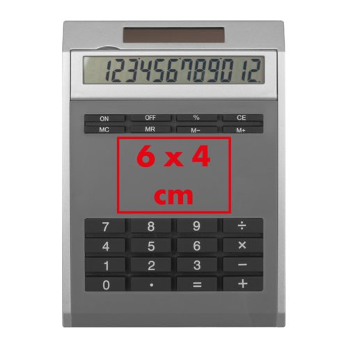 Gray calculator with keypad and display.
