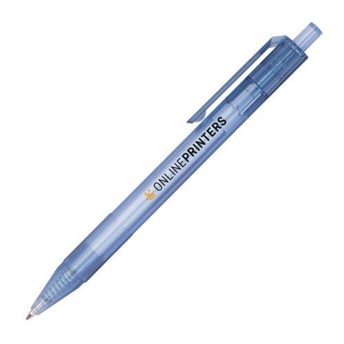 Blue recycled ballpoint pen with clip.