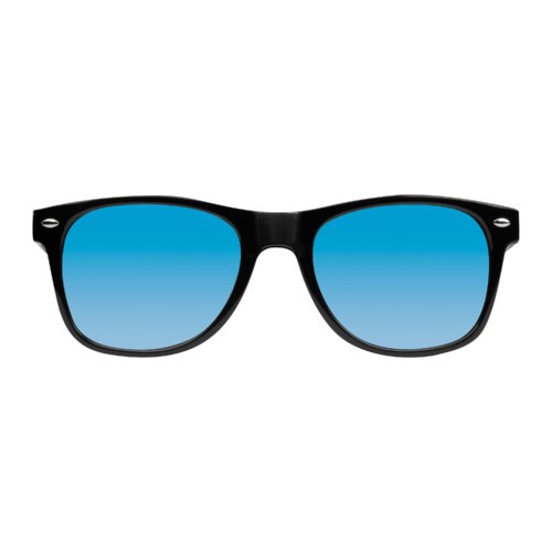 Black plastic sunglasses with colored lenses.