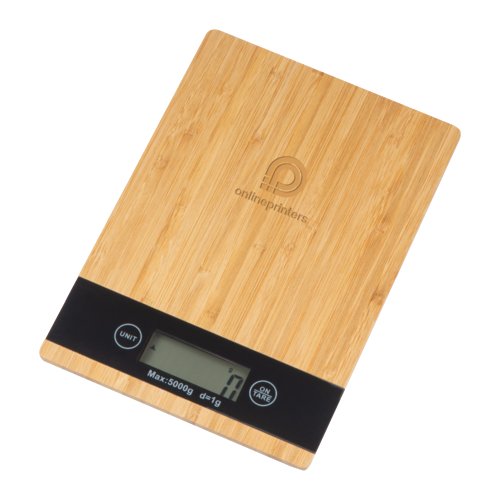 Light bamboo kitchen scale with digital display.