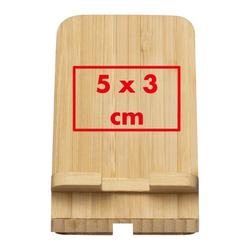 Bamboo-colored holder for mobile devices with charging cable cutout.