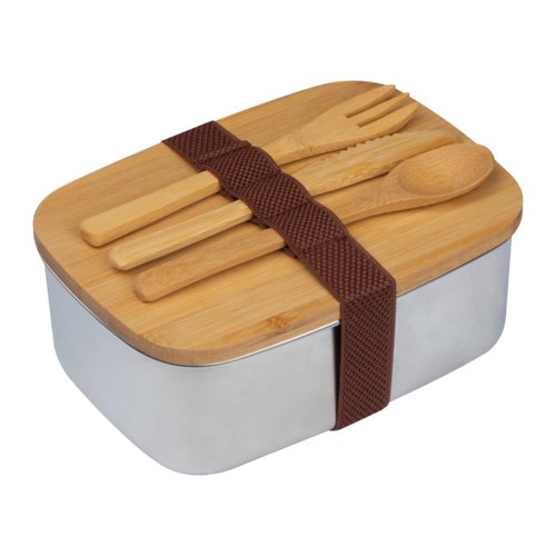 Beige stainless steel lunch box with bamboo lid and elastic band.
