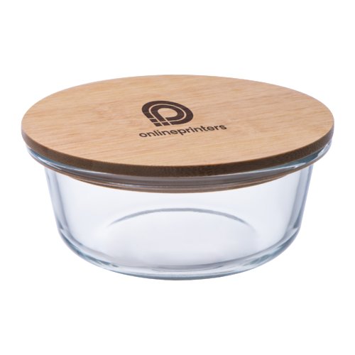 Transparent glass bowl with wooden lid.