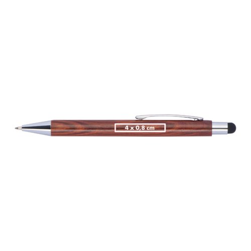 Wooden ballpoint pen with touch function and clip.