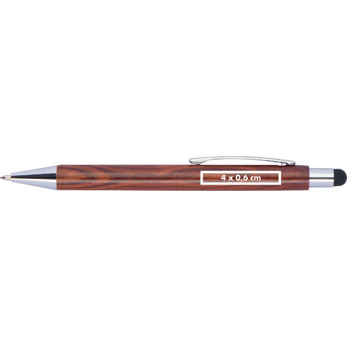 Wooden ballpoint pen with touch function and clip.