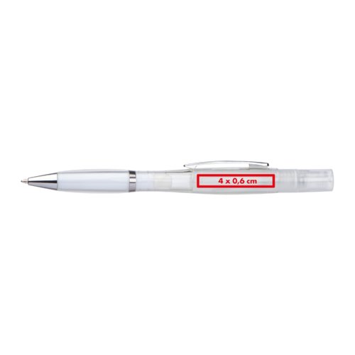 White plastic ballpoint pen with spray function and clip.