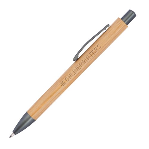 Light wood-colored bamboo ballpoint pen with clip and push mechanism.