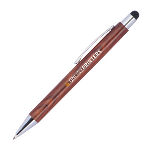 Wooden ballpoint pen with touch function and clip.