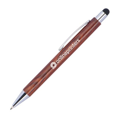 Wooden ballpoint pen with touch function and clip.