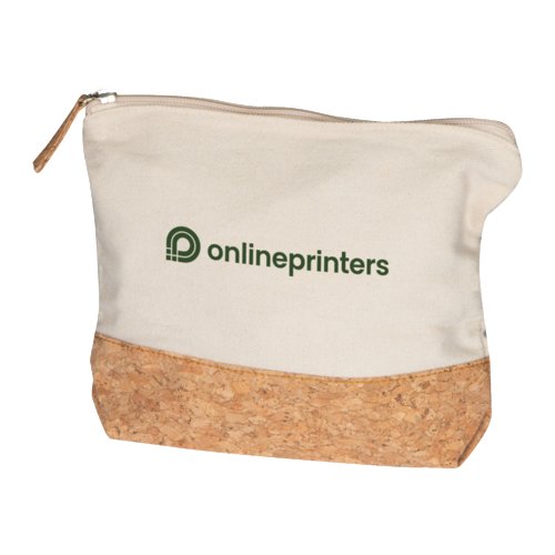 Beige cotton cosmetic bag with cork base and zipper.