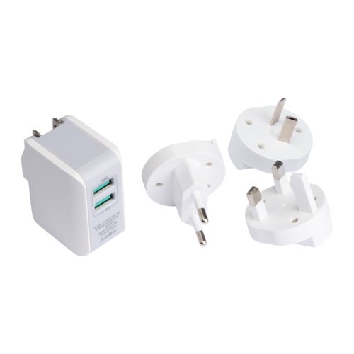 White travel adapter with multiple socket adapters.