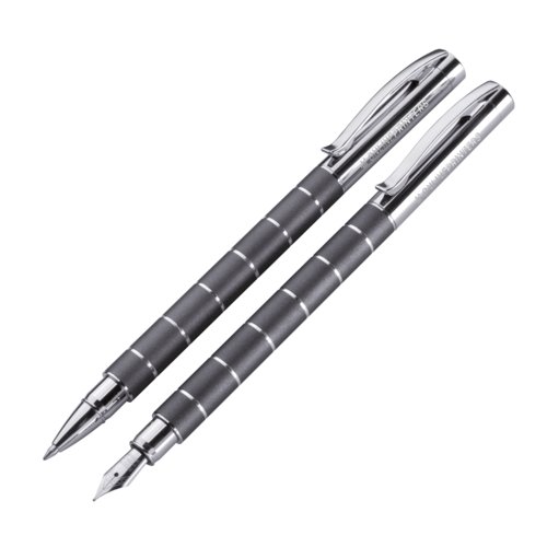Gray metal writing set with ballpoint pen and fountain pen.