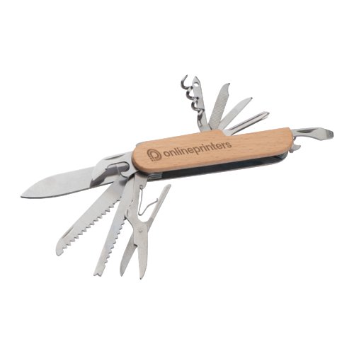 Beige wooden pocket knife with various metal tools.