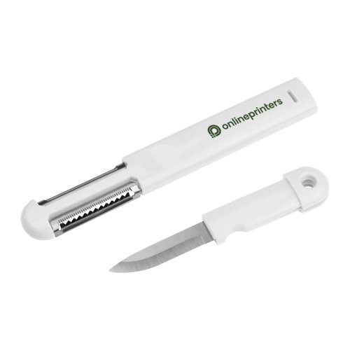 White 3-in-1 plastic peeler with knife.