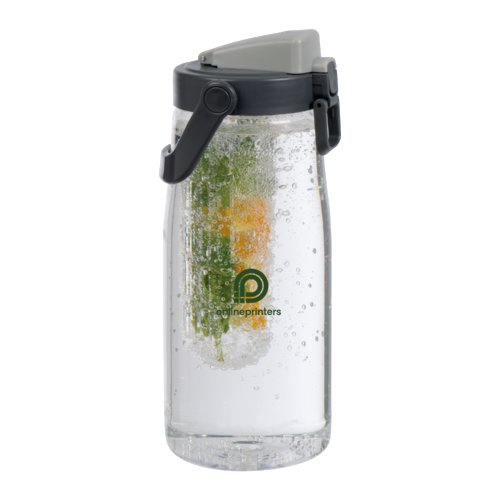 Transparent infuser bottle with lid and carrying handle.
