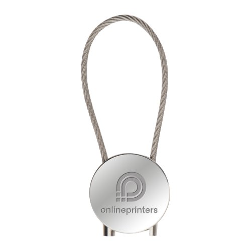 Metal keychain with round pendant and wire rope.