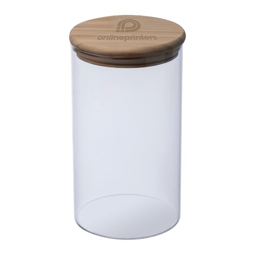 Transparent glass storage container with a wooden lid.